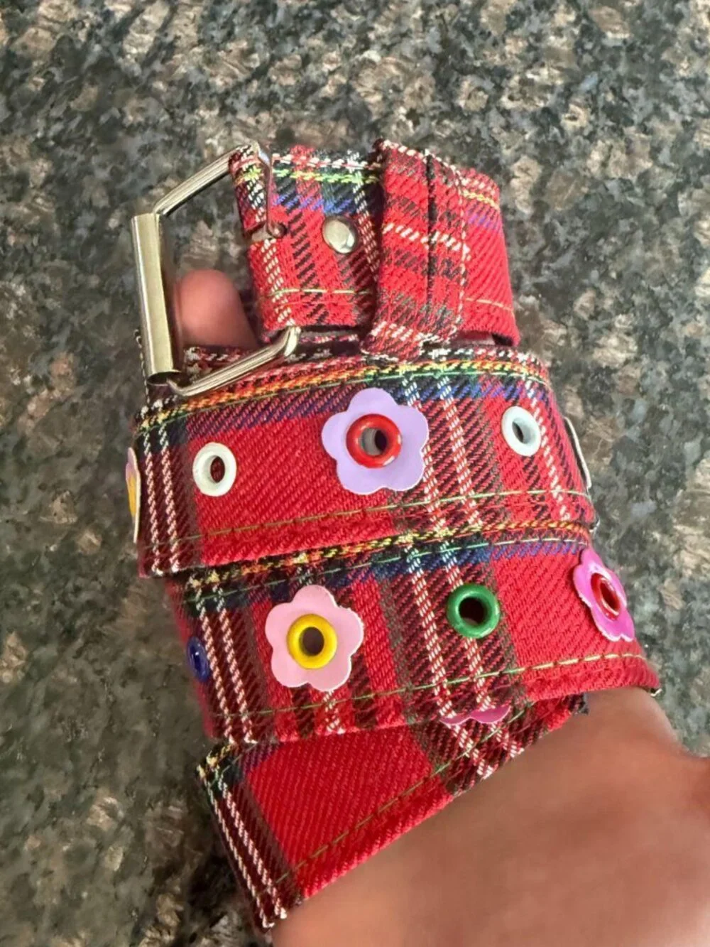 Red Plaid Y2K Flower Eyelet Grommet Belt